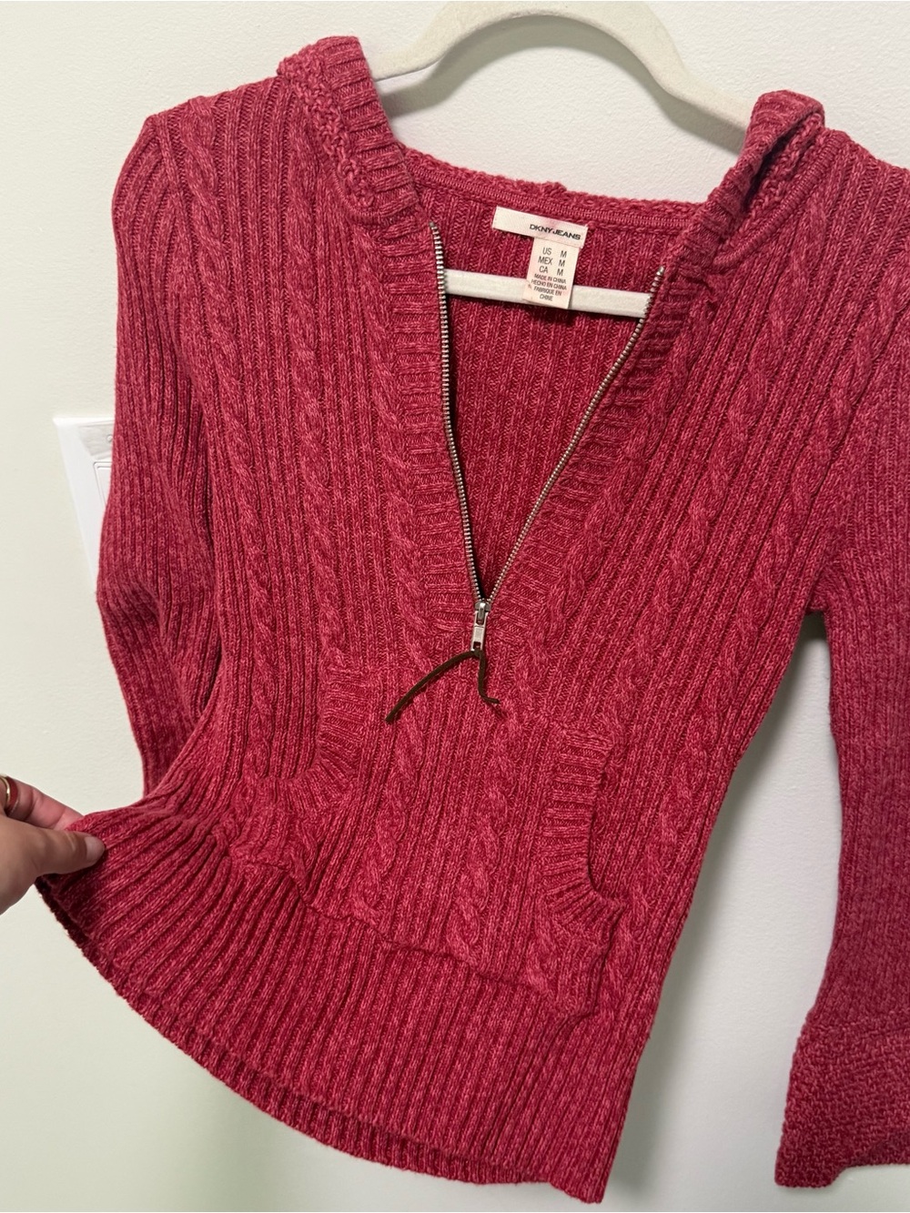 DKNY pink cable knit zip-up hoodie